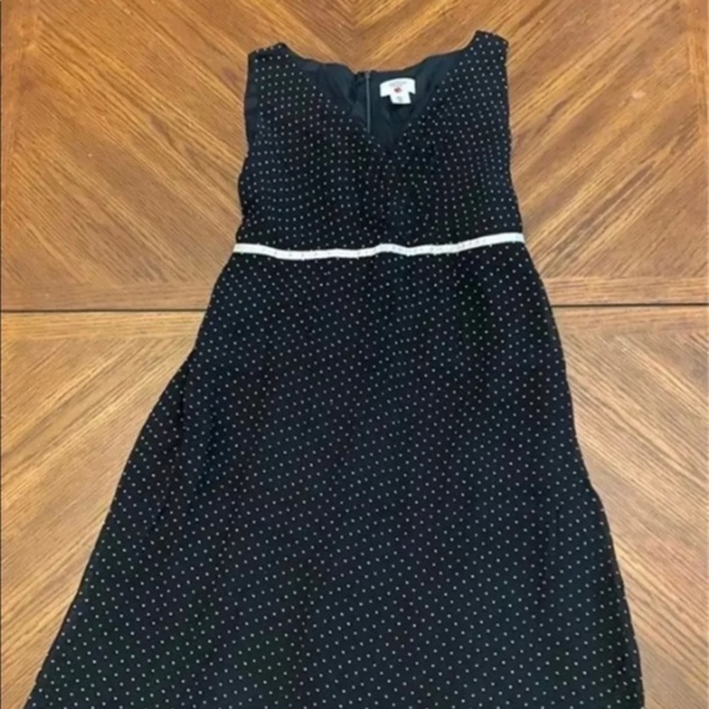 Two Hearts Maternity Black Polka Dot Asymmetrical Dress with Beige Waist Trim